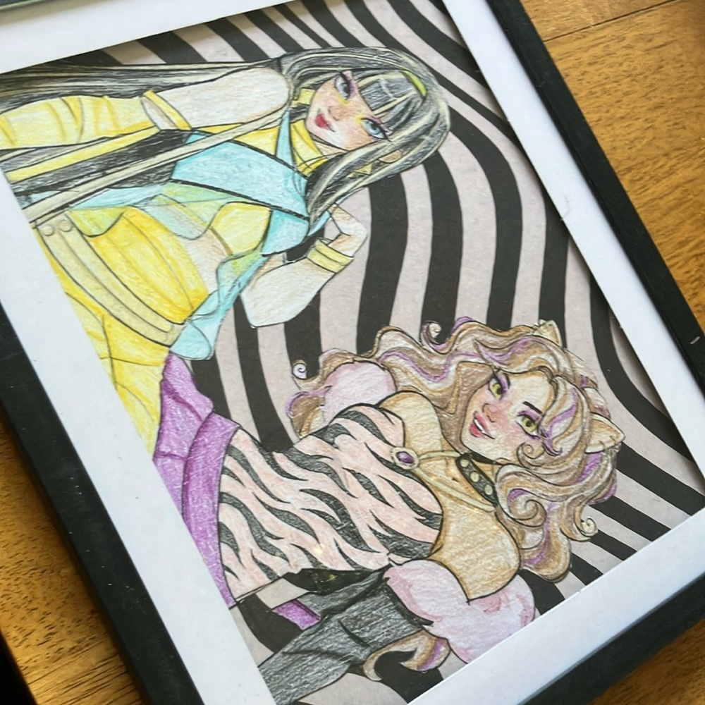 Monster High Clawdeen & Cleo Vibrant Mixed Media Art with Yellow and Purple
